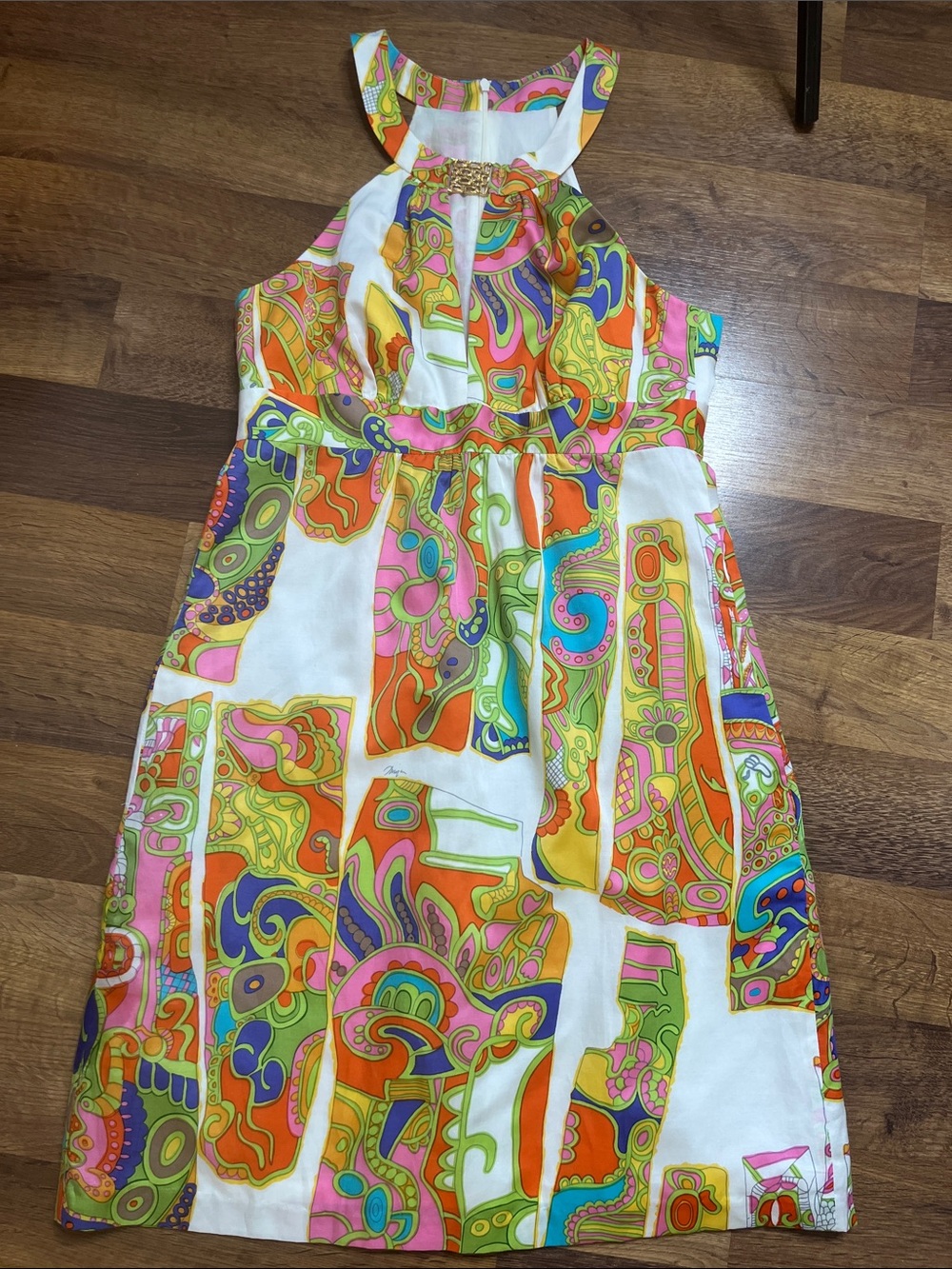 Trina Turk Silk Dress Halter Neck Psychedelic Mod Floral Size 8 - Picture 7 of 11